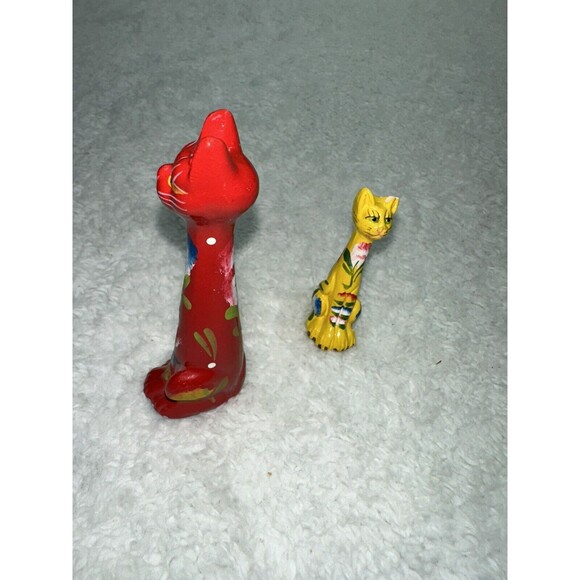 Folk Art Hand Painted Long Neck Cat Figurines 4” & 2.5” VTG MCM Anthropomorphic - Picture 16 of 16